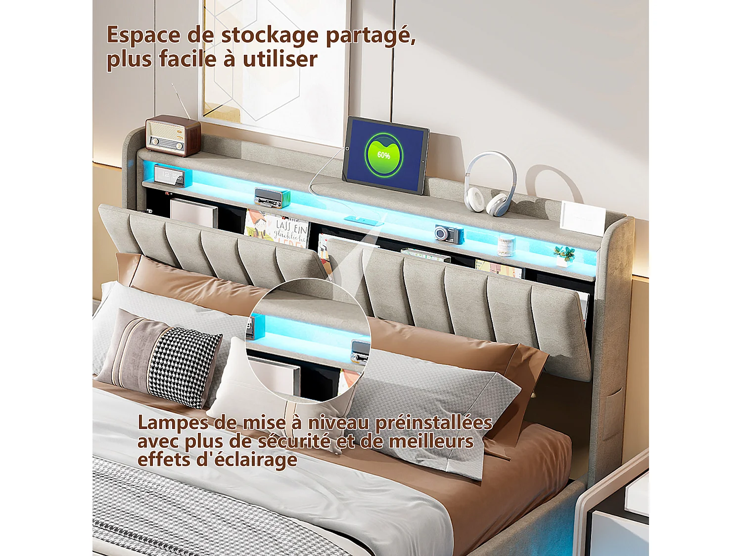 Cama estofada 160 x 200 cm com carregamento USB, cama de casal para jovens, cama com arrumação com LED e cabeceira com arrumação, estrado de ripas hidráulico.