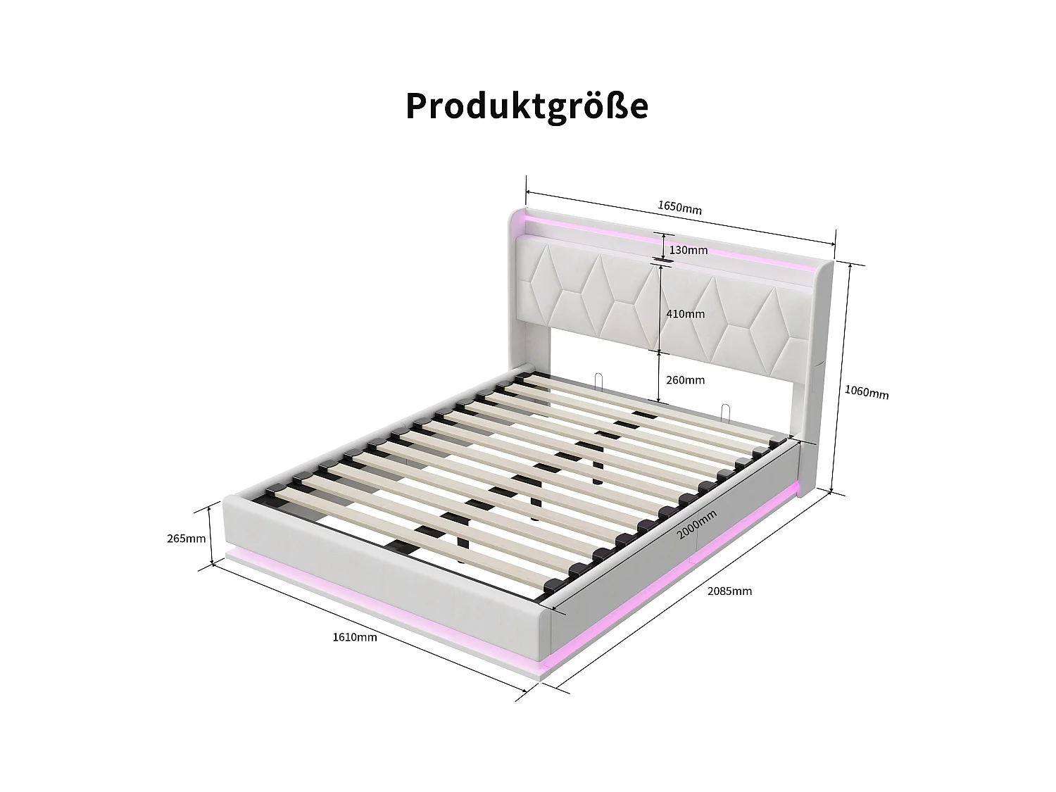 Modernes Doppelbett 160x200 cm mit weißem Samt-gepolstertem Kopfteil, LED-Beleuchtung, USB-Anschluss und Aufbewahrungsbox mit hydraulischen Hebern