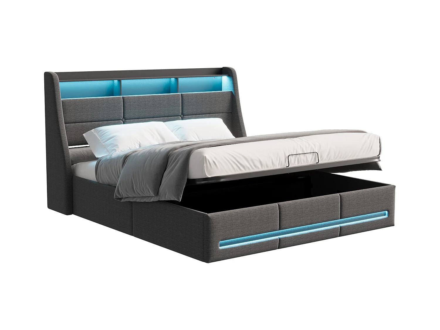 Cama box com LED e tomada integrada em tecido cinza - 140x190 cm - Estrutura com macacos hidráulicos, cabeceira e peseira iluminadas, amplo espaço de armazenamento