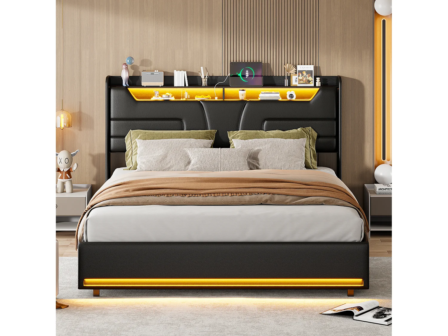 Lit rembourré 160 x 200 cm avec prises USB et secteur, lit enfant avec sommier à lattes et rangement, lit coffre avec LED, similicuir, noir