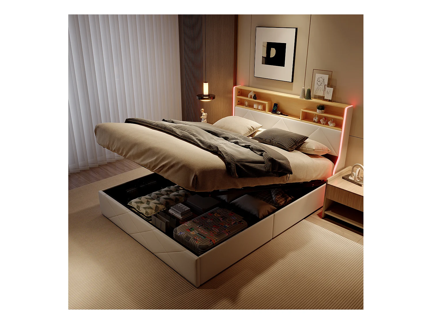 Lit coffre 160x200 cm avec tête de lit rangement, port USB/Type-C et éclairage LED RVB – PU blanc & chêne clair