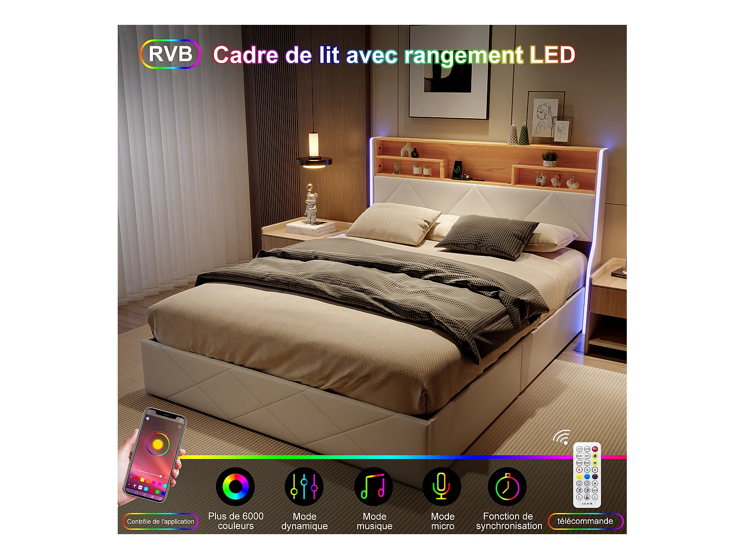 Lit coffre 160x200 cm avec tête de lit rangement, port USB/Type-C et éclairage LED RVB – PU blanc & chêne clair