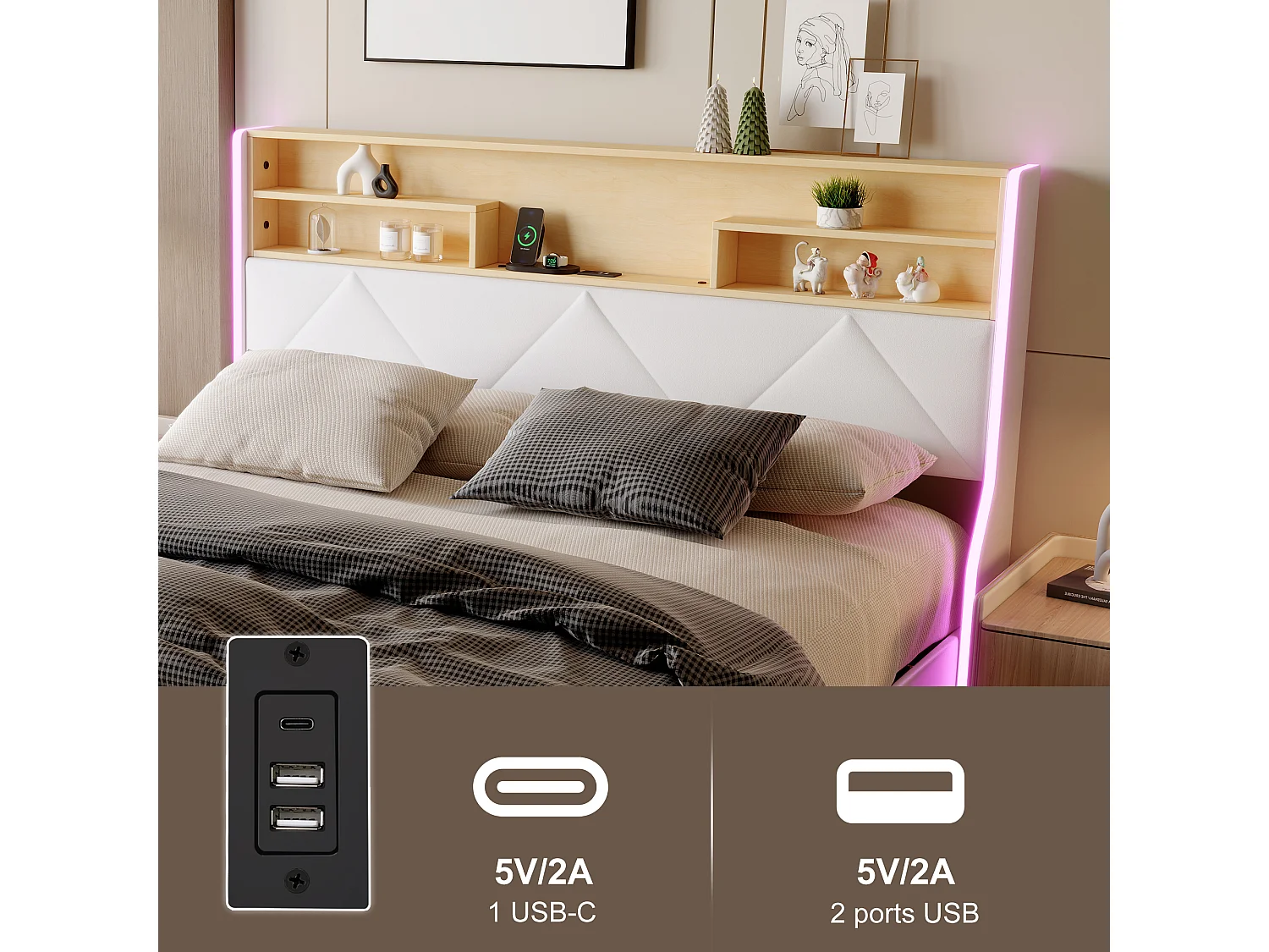 Lit coffre 160x200 cm avec tête de lit rangement, port USB/Type-C et éclairage LED RVB – PU blanc & chêne clair