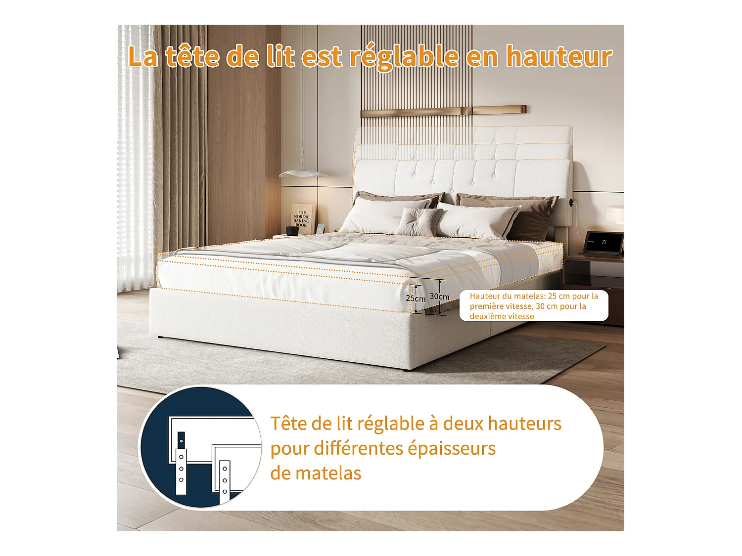 Hochklappbares Bett mit Stauraum, verstellbarem Kopfteil, USB-C- und USB-Anschlüssen, integriertem Stauraum – 160×200 cm – Cremeweißer Teddystoff