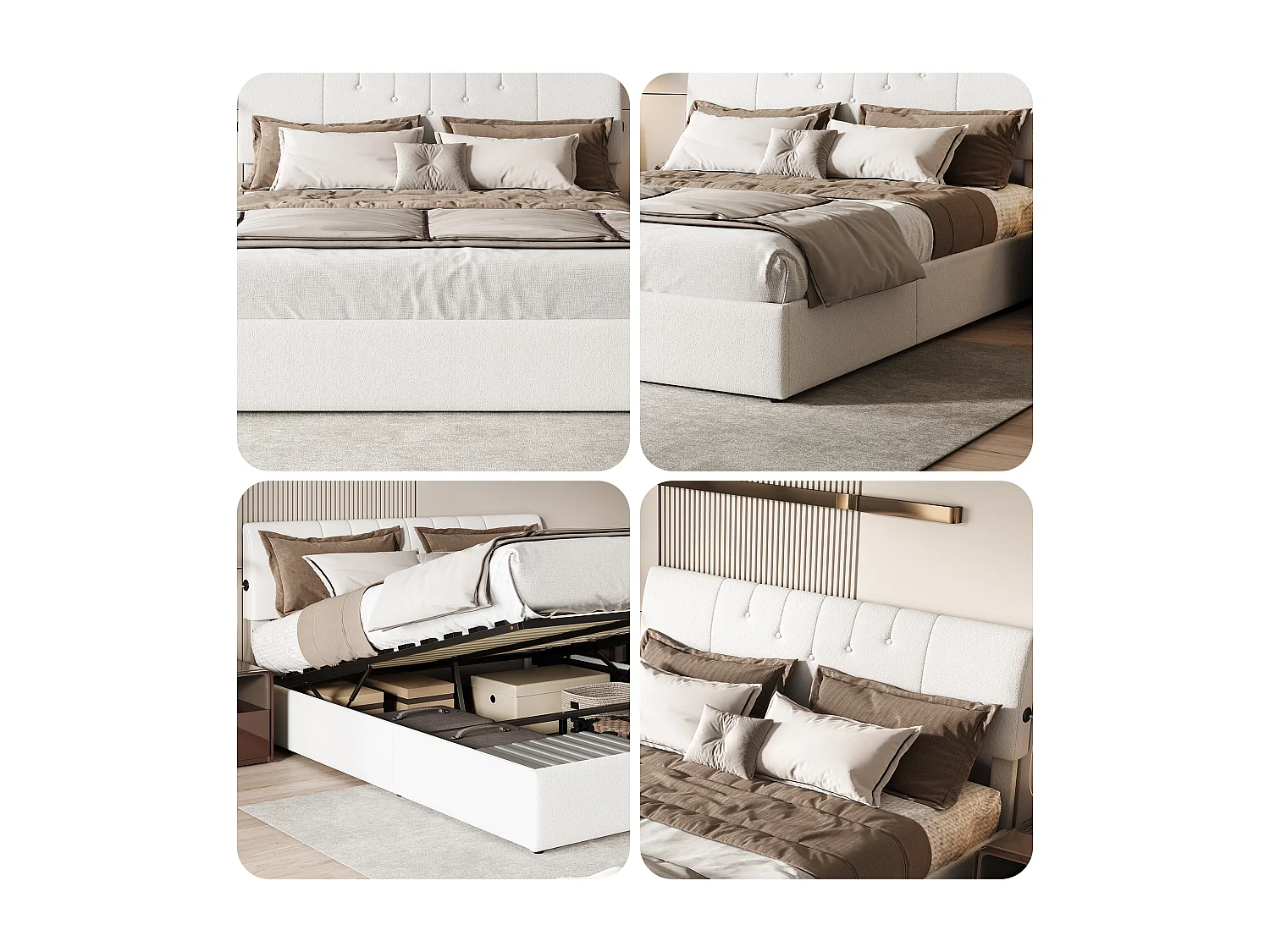 Lit coffre relevable avec tête de lit réglable, ports USB-C & USB, rangement intégré – 160×200cm – Tissu teddy blanc cassé