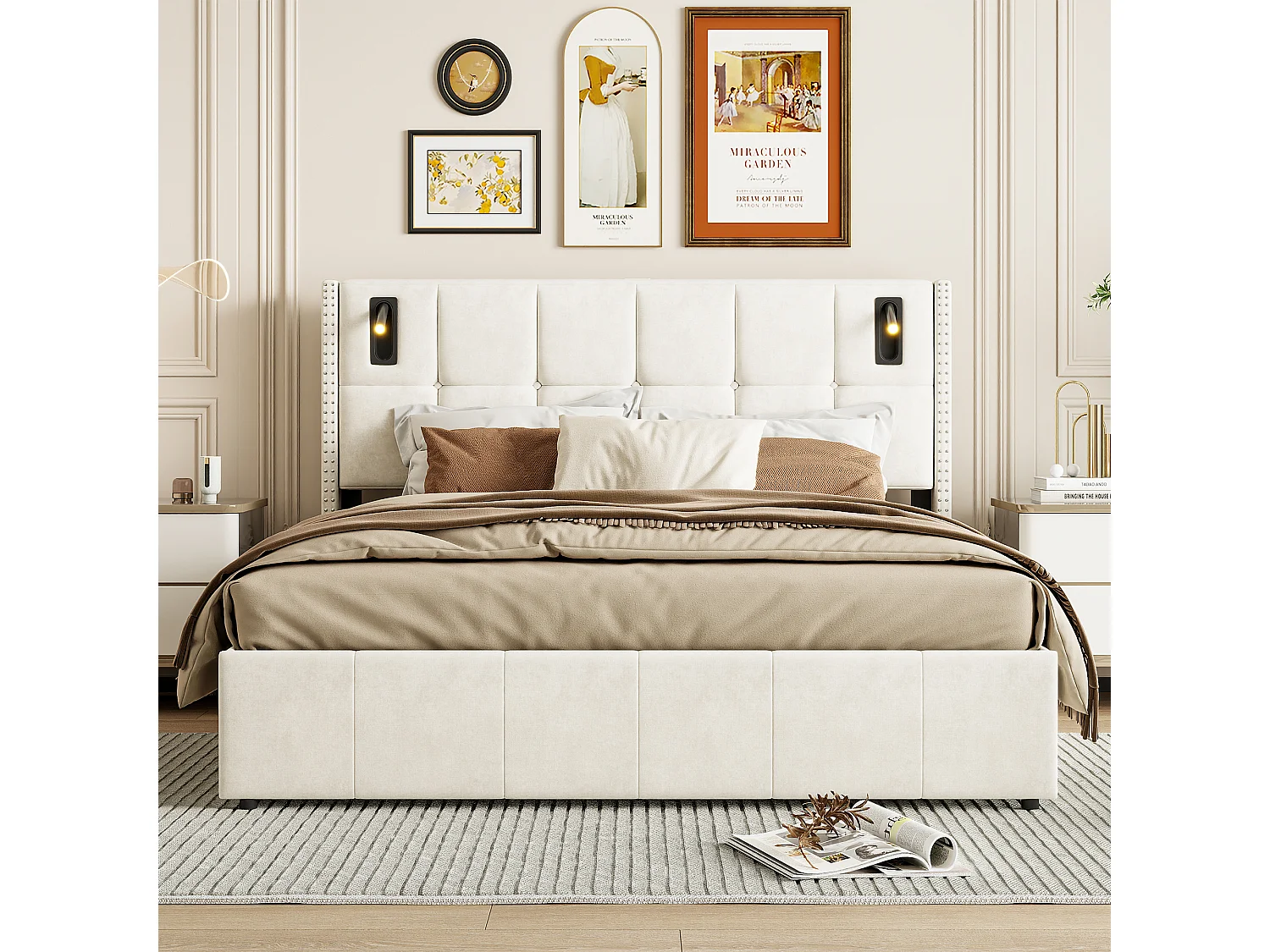 Opbergbed 160x200 cm in beige fluweel met decoratieve studs en LED-leeslampjes – Design hoofdbord en geïntegreerde opbergruimte
