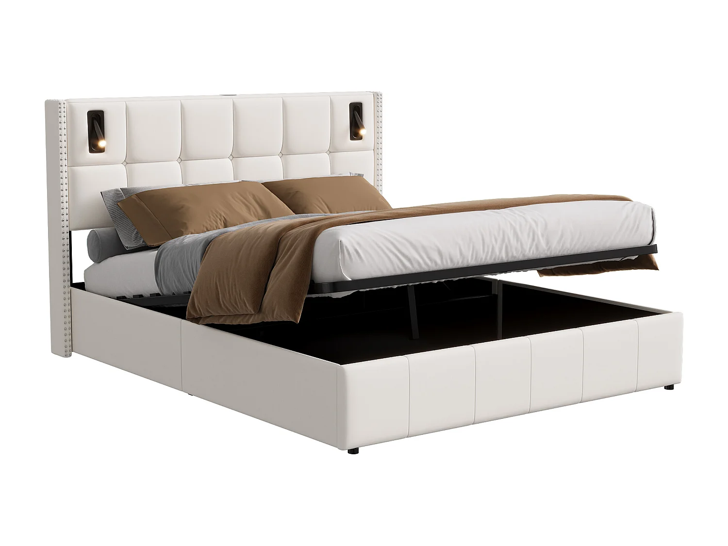 Opbergbed 160x200 cm in beige fluweel met decoratieve studs en LED-leeslampjes – Design hoofdbord en geïntegreerde opbergruimte