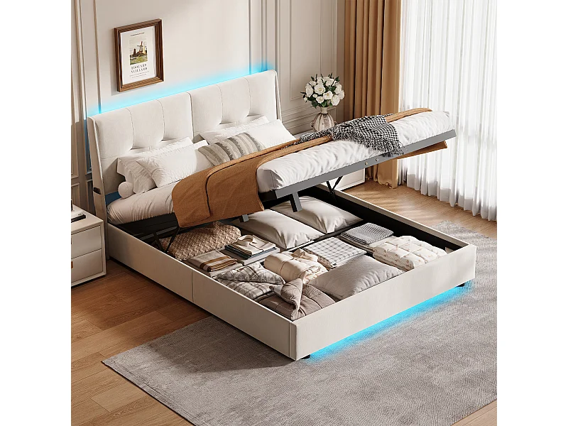 Lit double coffre avec LED intégrées et tête de lit en velours avec poches latérales – 160x200 cm – Beige