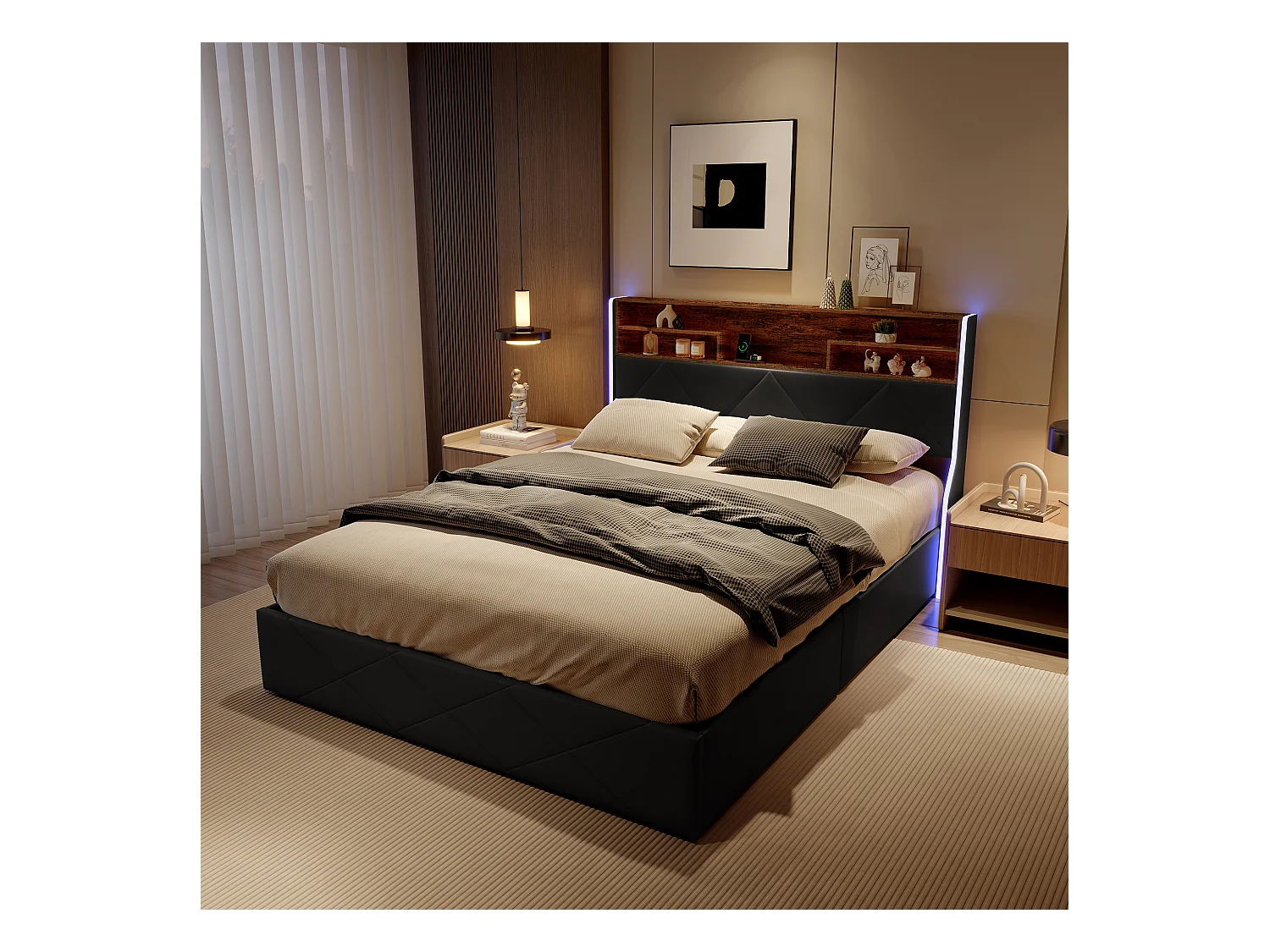 Lit coffre 140x200 cm avec tête de lit rangement, port USB/Type-C et éclairage LED RVB – PU Noir & chêne clair