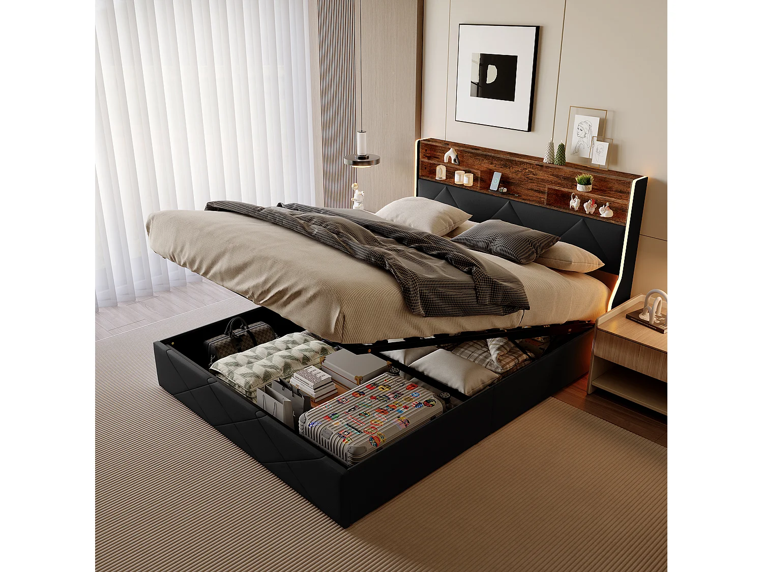 Lit coffre 140x200 cm avec tête de lit rangement, port USB/Type-C et éclairage LED RVB – PU Noir & chêne clair