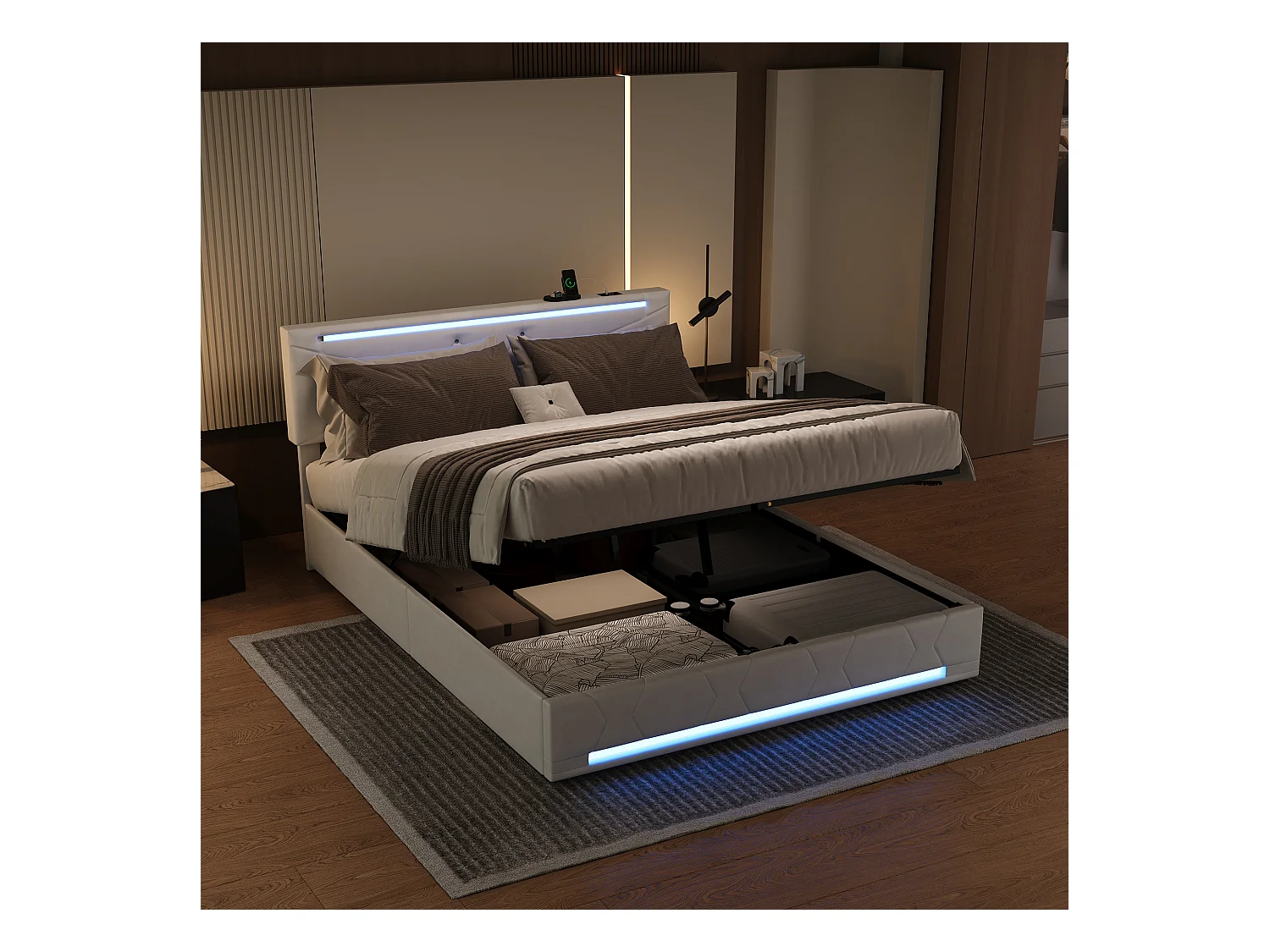 Bett mit Stauraum, RGB-LED und USB-C/USB-Anschlüssen – 160 x 200 cm – Beigefarbener Stoff – Verstellbares Kopfteil – Großer Stauraum