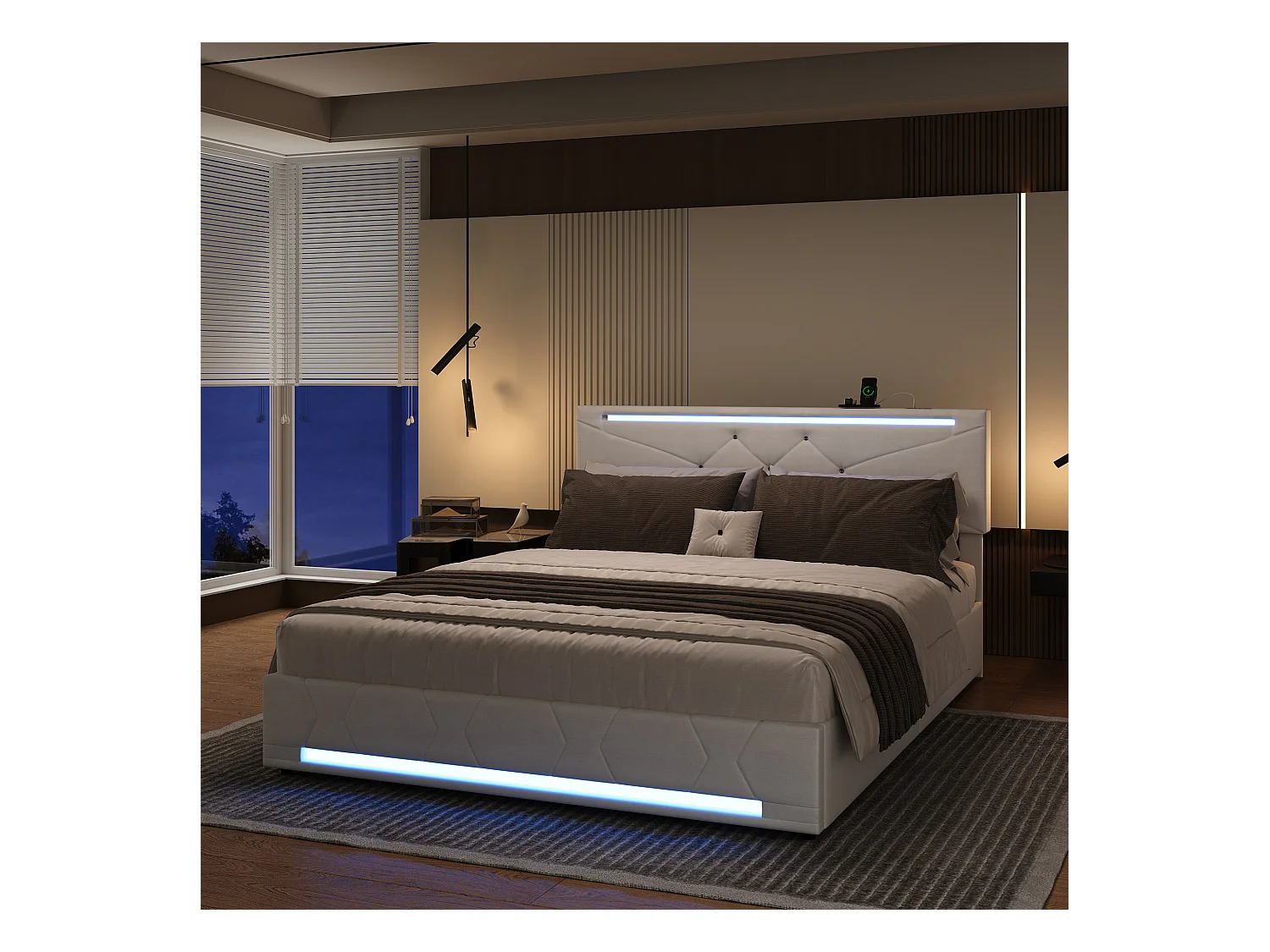 Bett mit Stauraum, RGB-LED und USB-C/USB-Anschlüssen – 160 x 200 cm – Beigefarbener Stoff – Verstellbares Kopfteil – Großer Stauraum