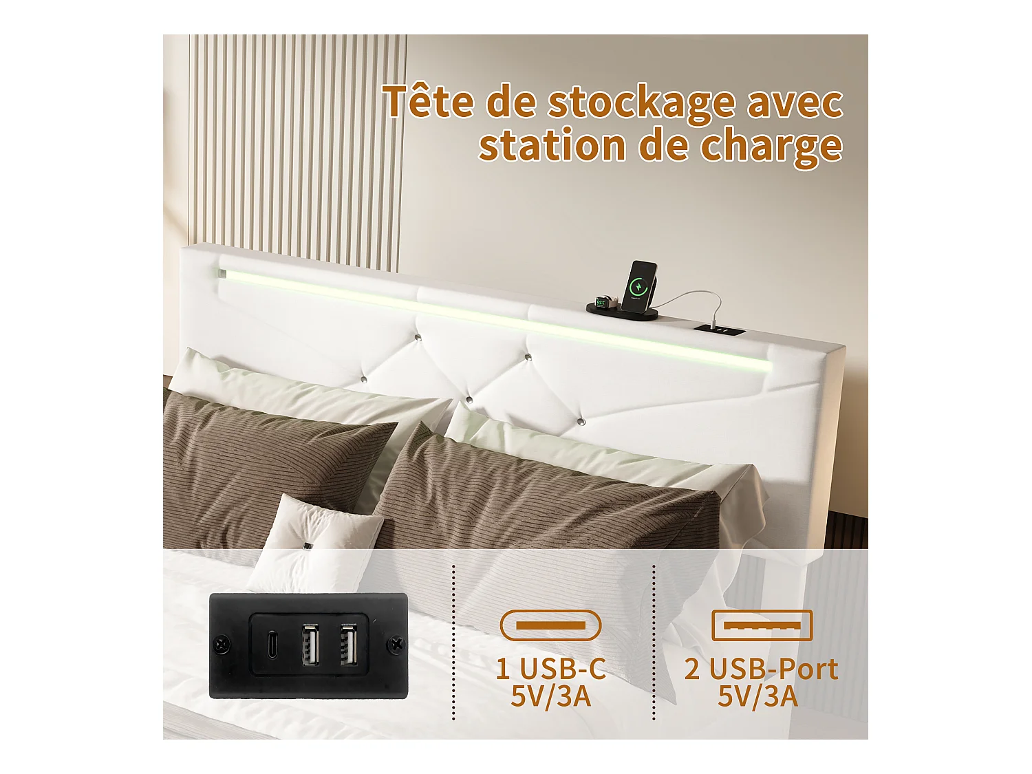 Bett mit Stauraum, RGB-LED und USB-C/USB-Anschlüssen – 160 x 200 cm – Beigefarbener Stoff – Verstellbares Kopfteil – Großer Stauraum