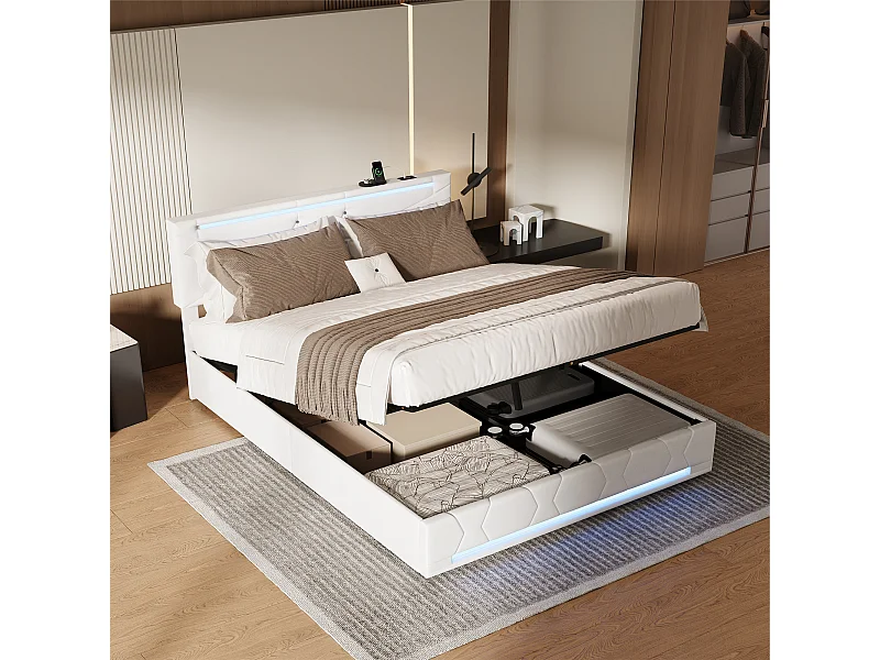 Cama com arrumação e LED RGB e portas USB-C/USB – 160x200 cm – Tecido bege – Cabeceira ajustável – Grande capacidade de arrumação