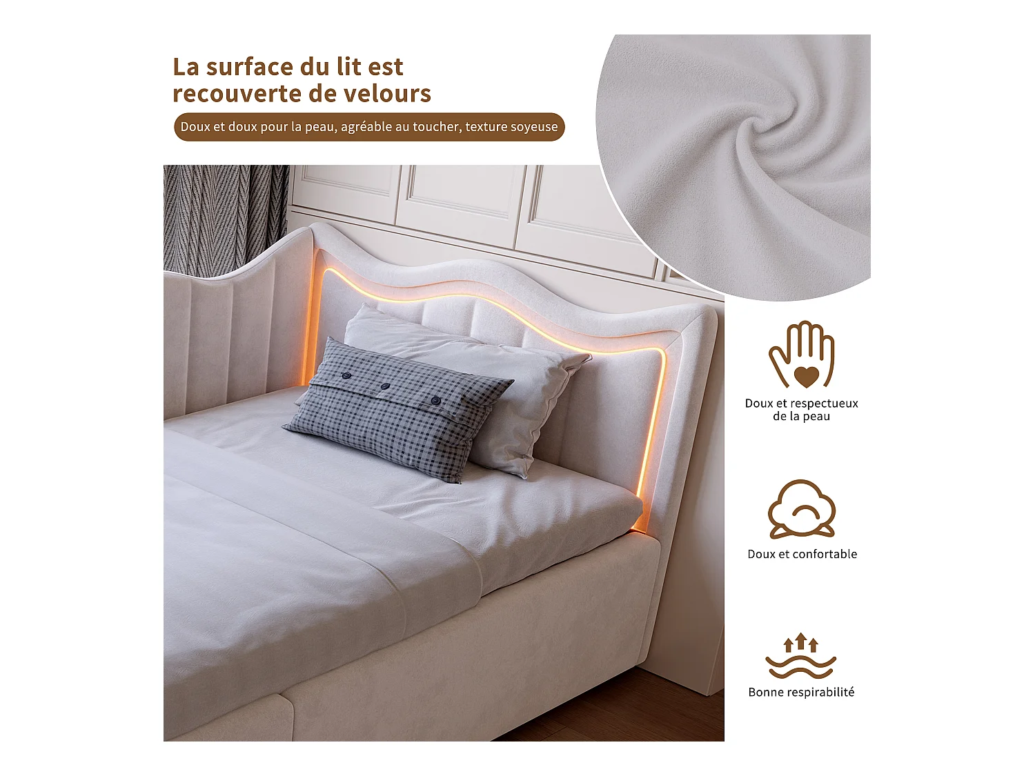 Divano letto per bambini con contenitore e LED multicolore - 90x200 cm - Beige in tessuto felpato