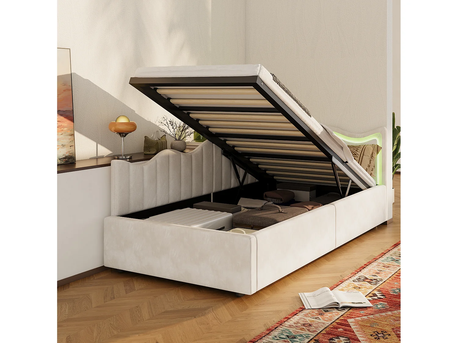 Divano letto per bambini con contenitore e LED multicolore - 90x200 cm - Beige in tessuto felpato