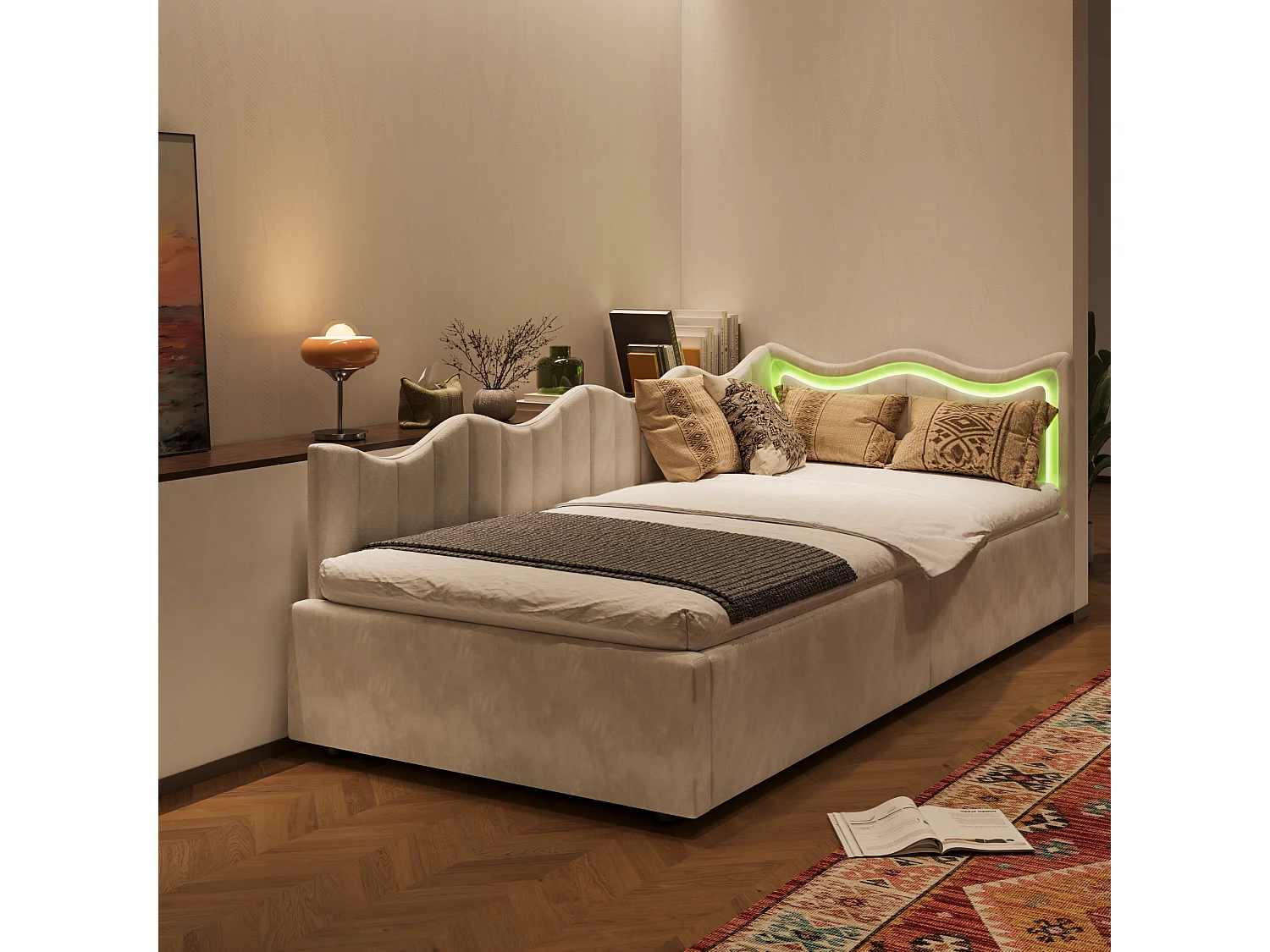 Lit canapé enfant avec coffre de rangement et LED multicolores – 90x200 cm – Beige en tissu peluche