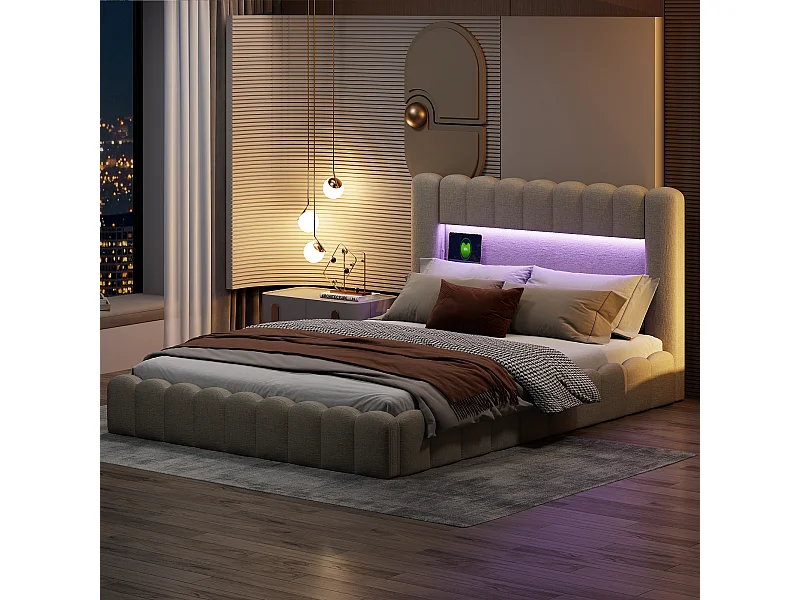 Designbed met opbergruimte in beige boomstamstof met hydraulische steunen, RGB LED-hoofdbord en USB/Type-C-aansluitingen – 180x200 cm