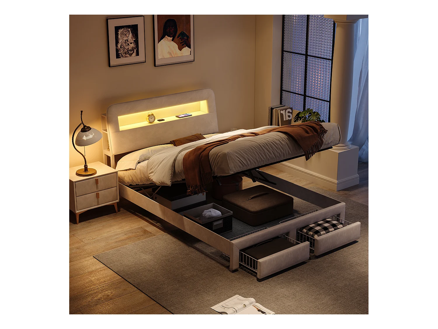 Letto contenitore multifunzionale in velluto con LED, porte USB/Type-C, testiera con contenitore e 2 cassetti, 160x200cm, Beige