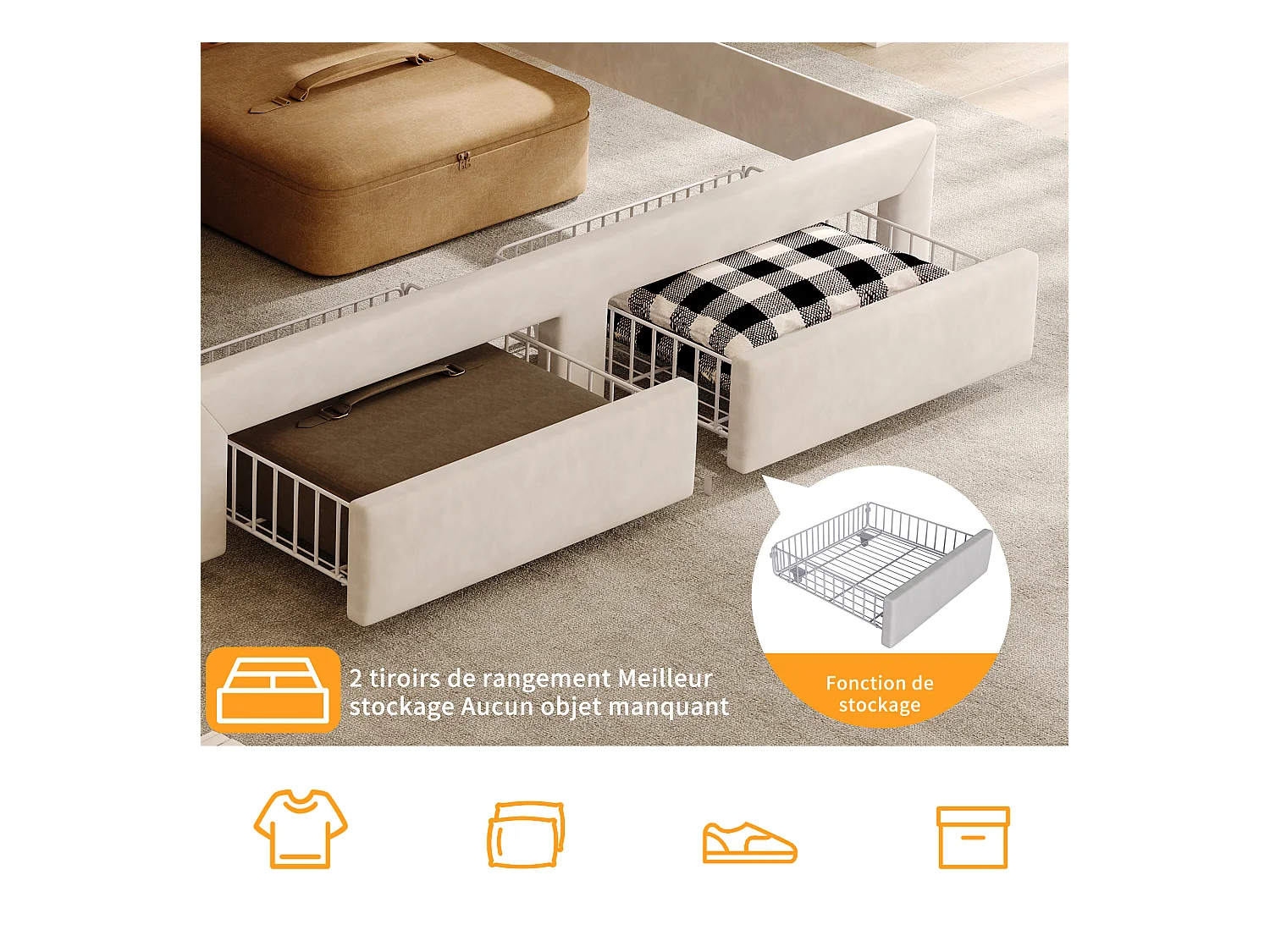 Letto contenitore multifunzionale in velluto con LED, porte USB/Type-C, testiera con contenitore e 2 cassetti, 160x200cm, Beige