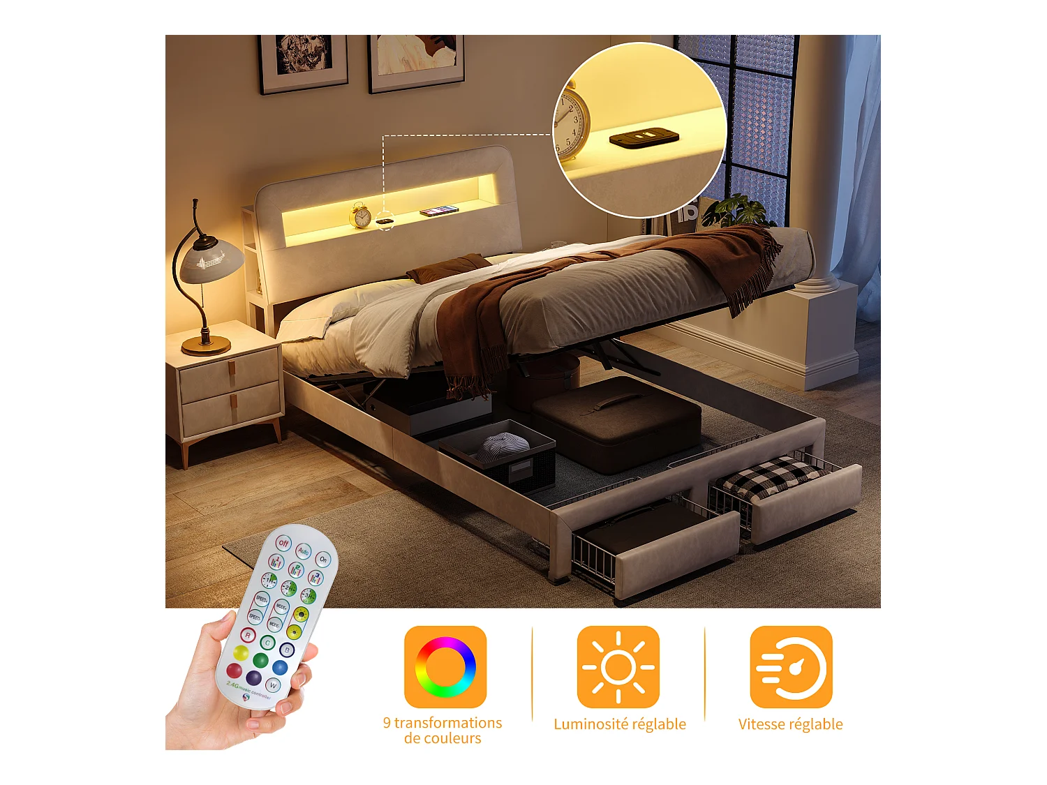 Letto contenitore multifunzionale in velluto con LED, porte USB/Type-C, testiera con contenitore e 2 cassetti, 160x200cm, Beige