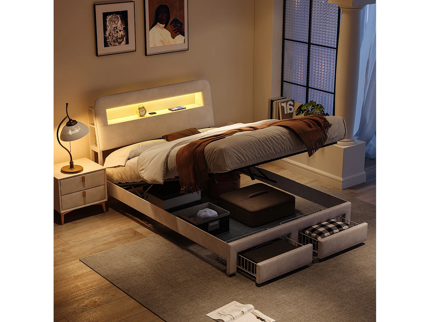 Cama de terciopelo multifuncional con almacenaje, LED, puertos USB/Tipo C, cabecero con almacenaje y 2 cajones, 160x200 cm, Beige