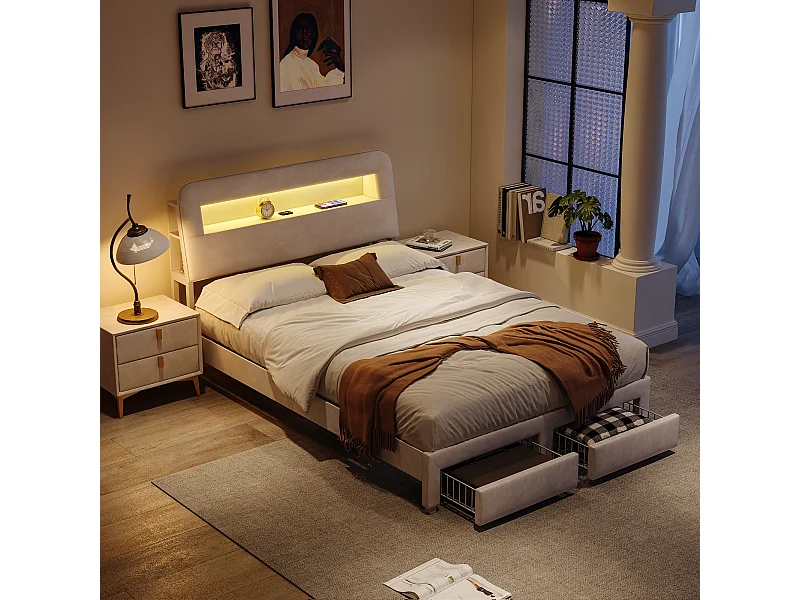 Lit coffre multifonction en velours avec LED, ports USB/Type-C, tête de lit avec rangements et 2 tiroirs, 160x200cm, Beige