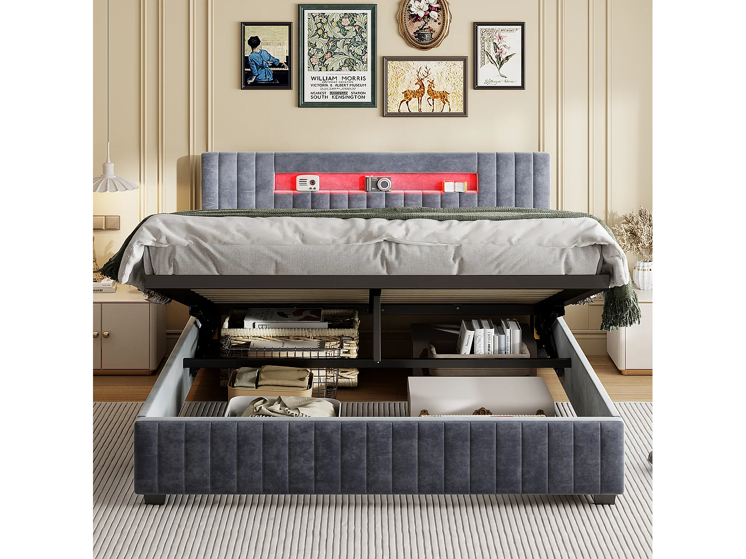 Lit coffre avec rangement et vérins hydrauliques en velours gris, tête de lit LED multicolore contrôlable par télécommande et application – 160x200 cm