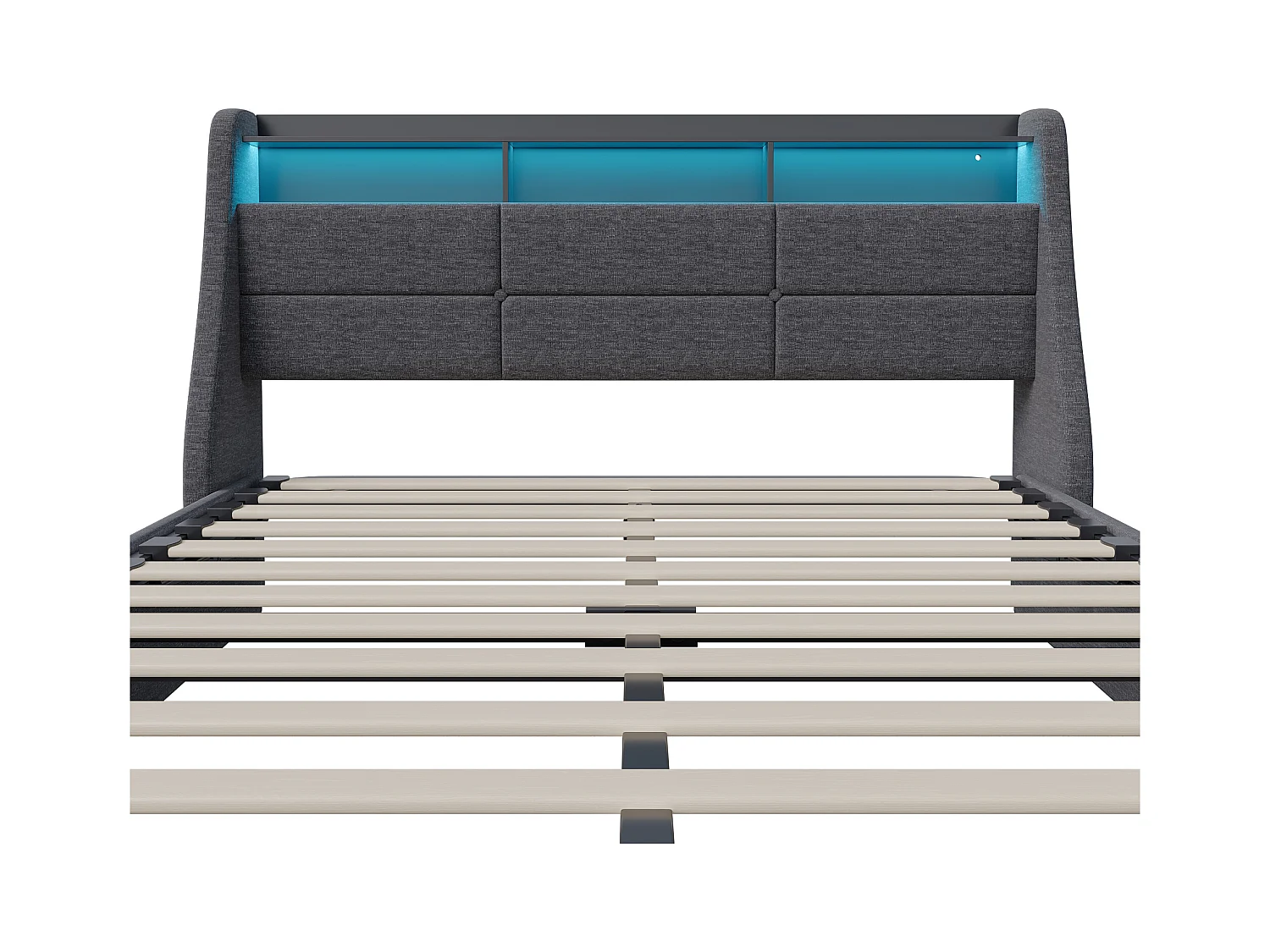 Cama canapé con LED y enchufe integrado en tela gris - 160x200 cm - Estructura con gatos hidráulicos, cabecero y piecero iluminados, amplio espacio de almacenaje