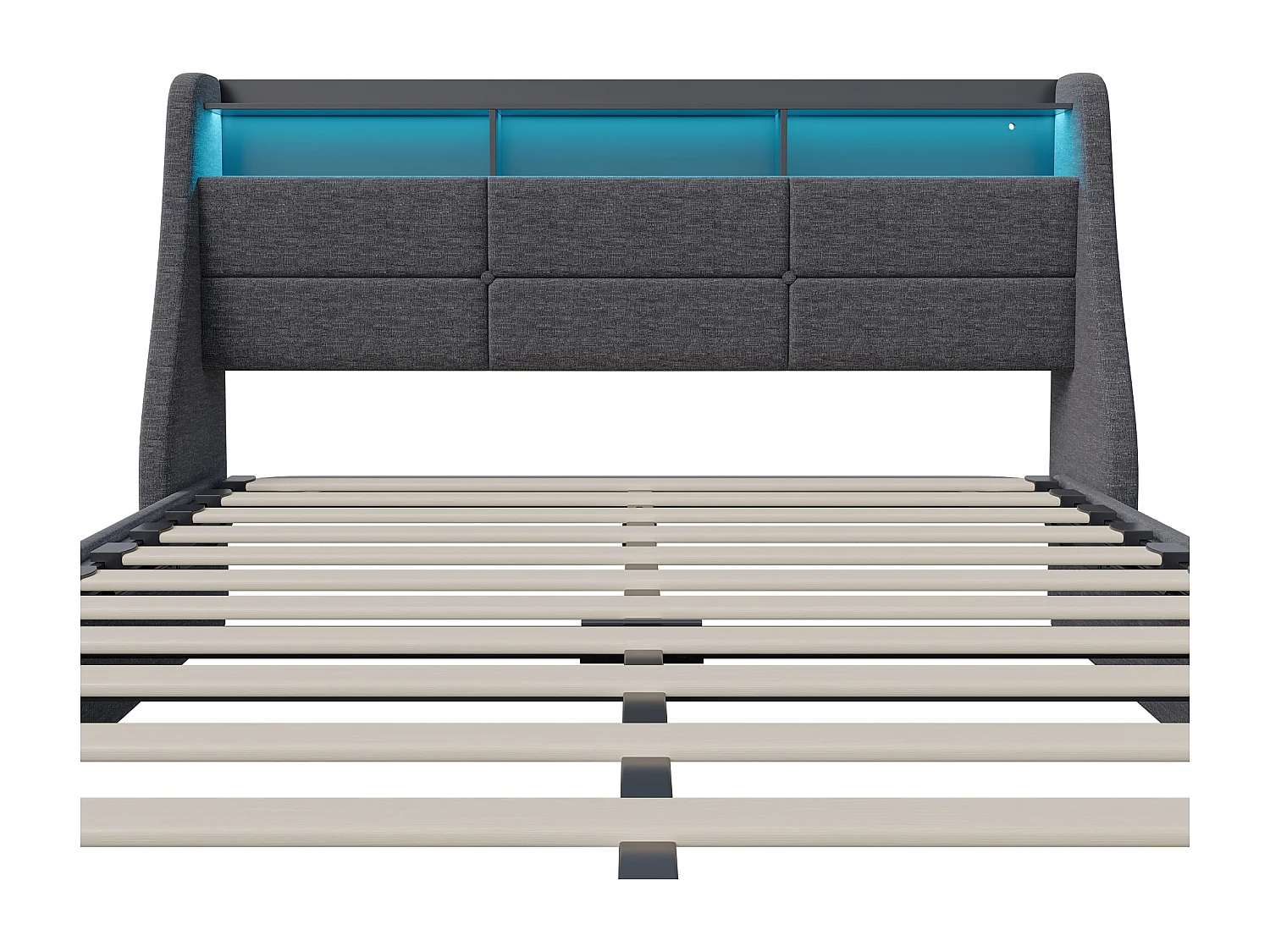 Cama canapé con LED y enchufe integrado en tela gris - 160x200 cm - Estructura con gatos hidráulicos, cabecero y piecero iluminados, amplio espacio de almacenaje