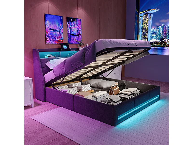 Opbergbed met LED en geïntegreerd stopcontact in grijze stof - 160x200 cm - Structuur met hydraulische steunen, verlicht hoofd- en voeteneinde, ruime opbergruimte