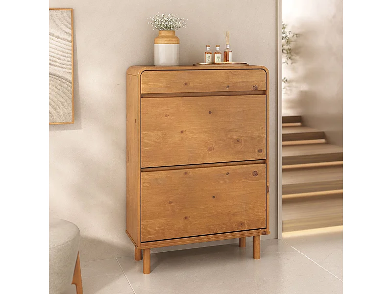 Meuble à Chaussures NAEL avec 2 Abattants et 1 Tiroir, en Bois Massif Coloris Chêne, Pour 12 à 14 Paires