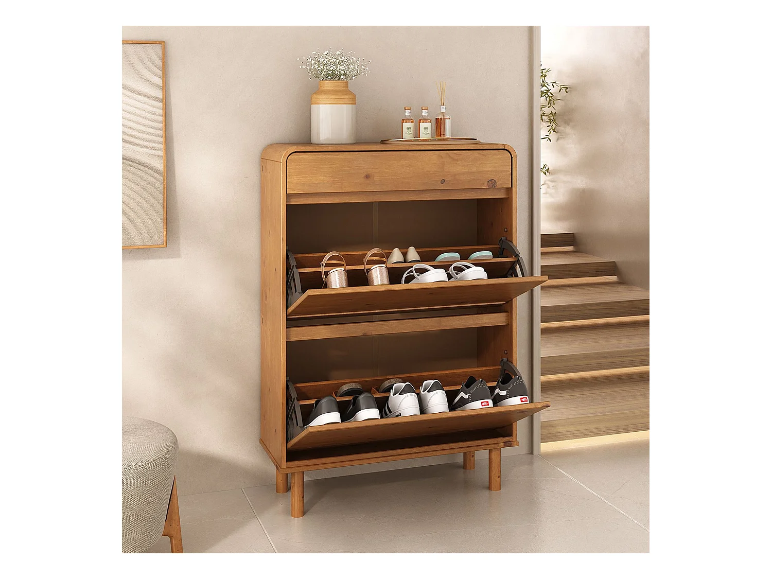 Meuble à Chaussures NAEL avec 2 Abattants et 1 Tiroir, en Bois Massif Coloris Chêne, Pour 12 à 14 Paires