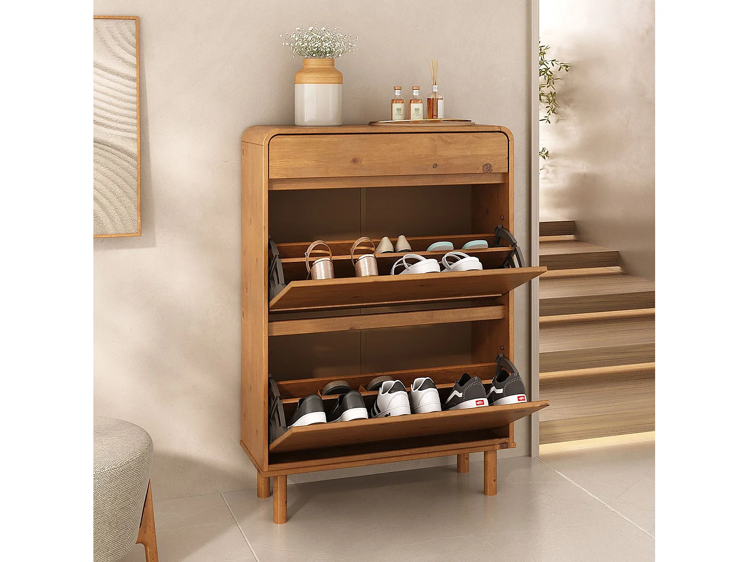 Meuble à Chaussures NAEL avec 2 Abattants et 1 Tiroir, en Bois Massif Coloris Chêne, Pour 12 à 14 Paires
