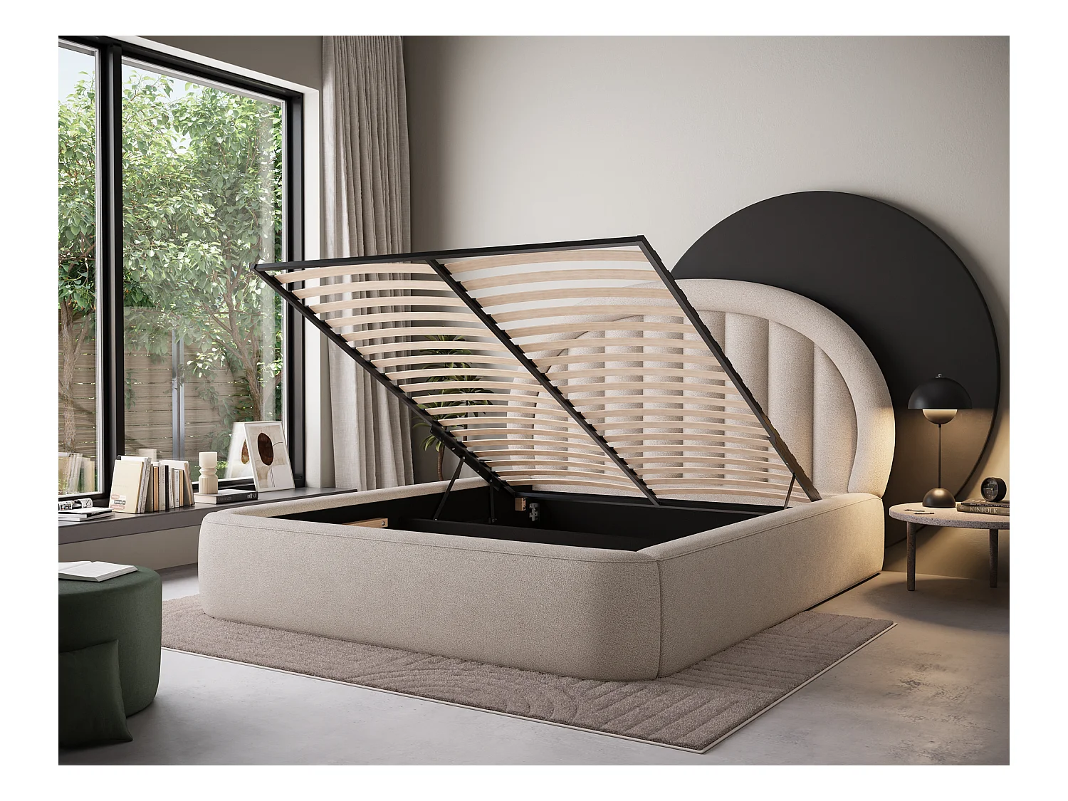 Letto Pella/140x200/rete a doghe/rivestimento in tessuto/Beige