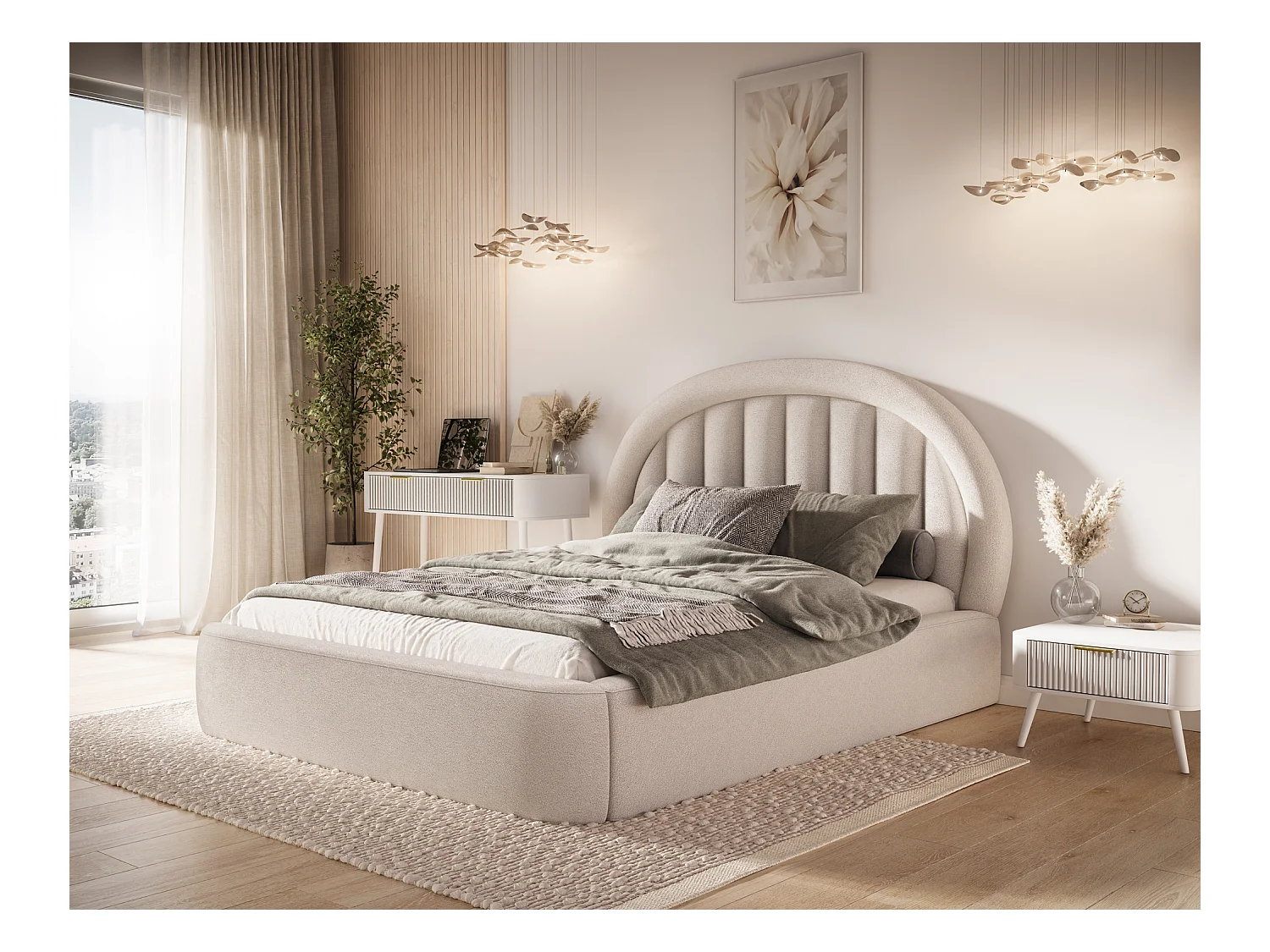 Lit Pella/140x200/sommier à lattes/revêtement tissu/Beige