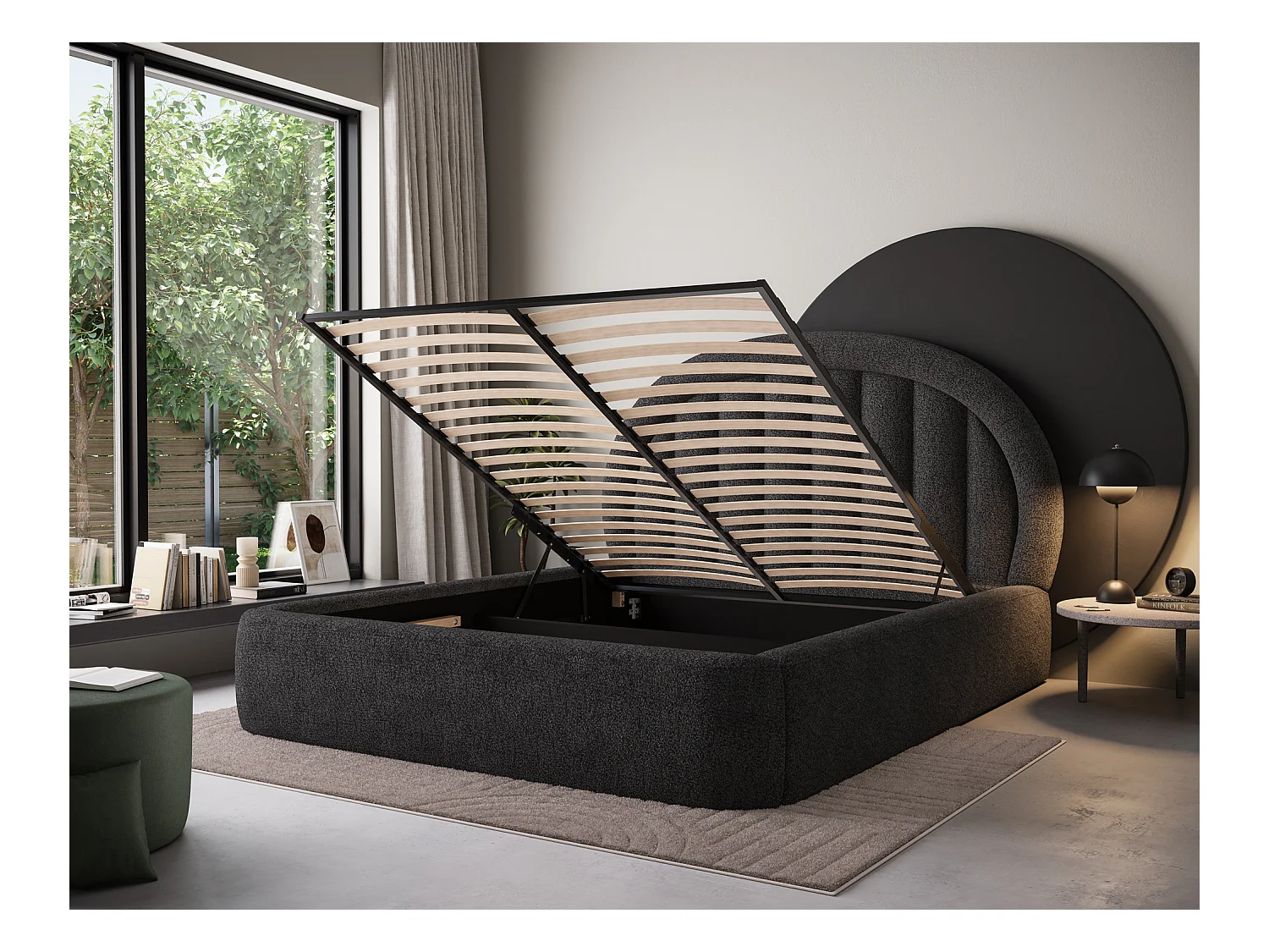 Letto Pella/180x200/rete a doghe/rivestimento in tessuto/Nero