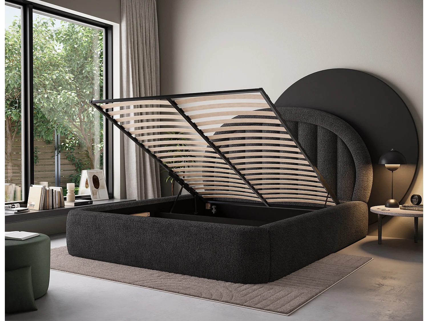 Letto Pella/180x200/rete a doghe/rivestimento in tessuto/Nero