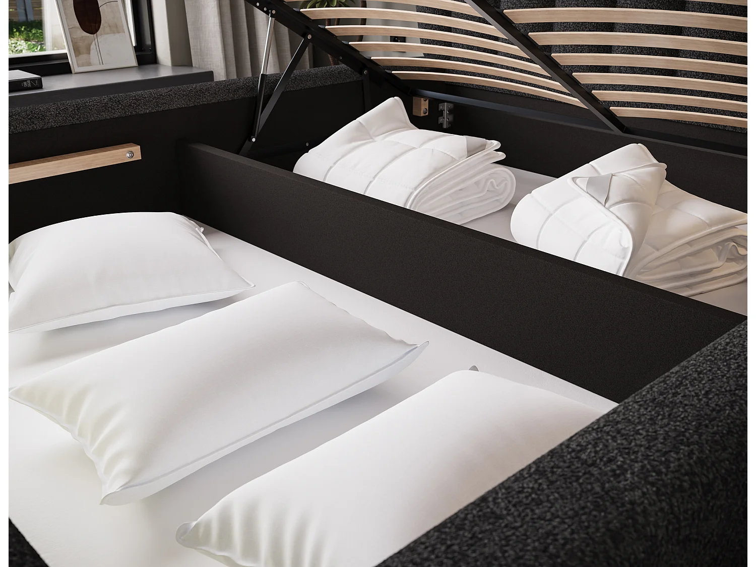 Letto Pella/180x200/rete a doghe/rivestimento in tessuto/Nero