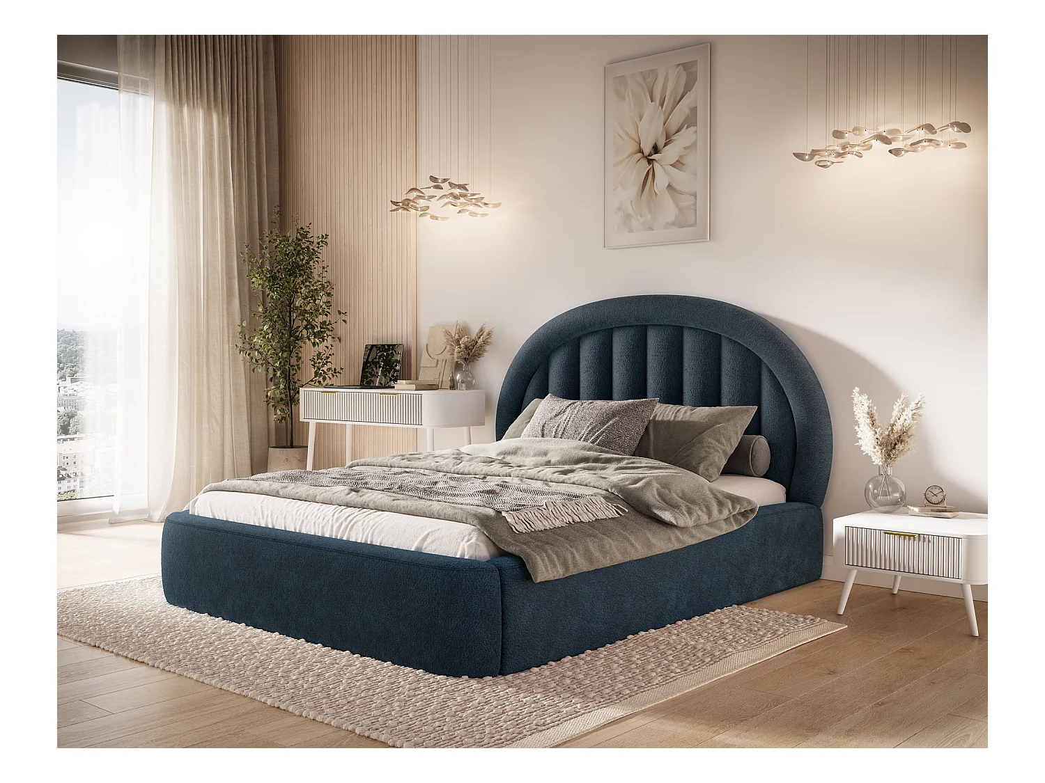 Letto Pella/180x200/rete a doghe/rivestimento in tessuto/Blu