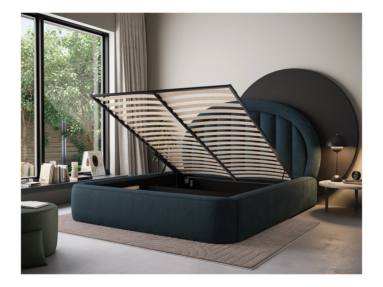 Letto Pella/180x200/rete a doghe/rivestimento in tessuto/Blu