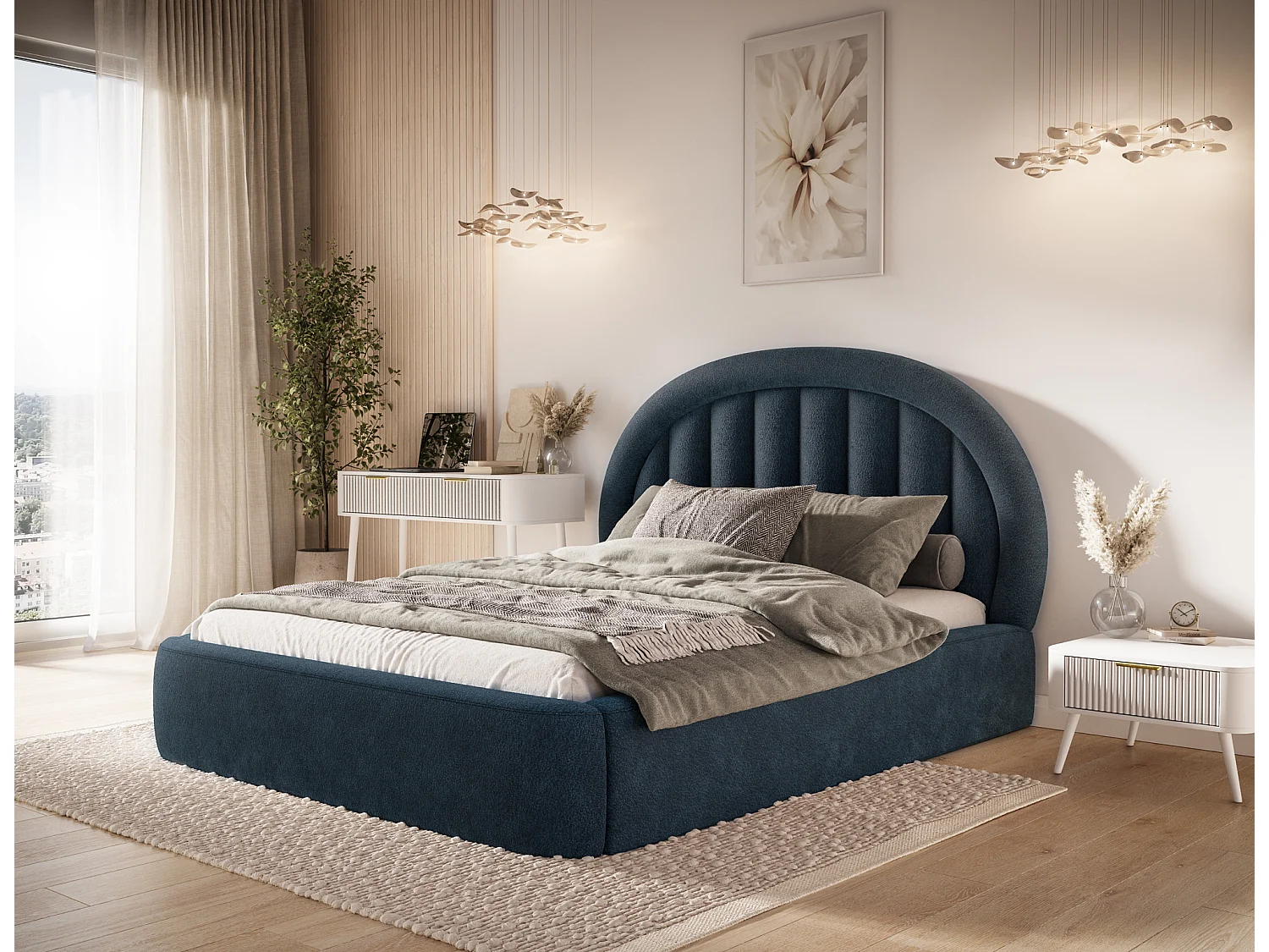 Letto Pella/180x200/rete a doghe/rivestimento in tessuto/Blu