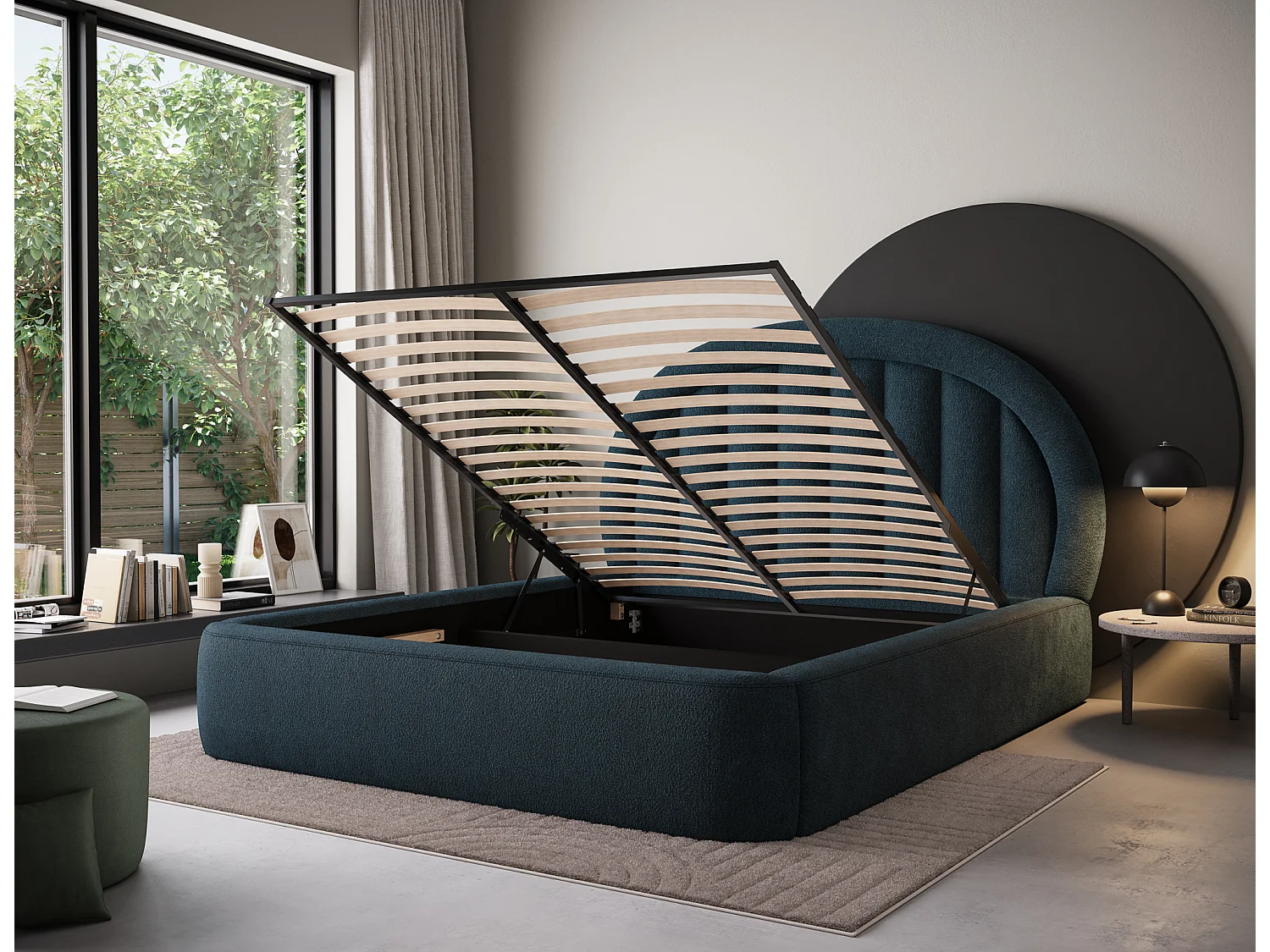 Letto Pella/180x200/rete a doghe/rivestimento in tessuto/Blu