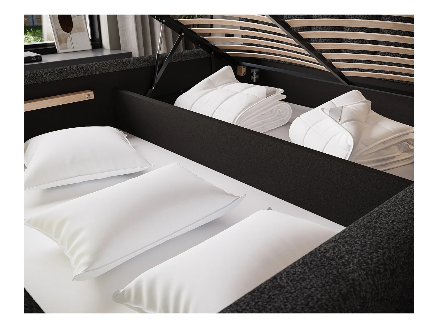 Letto Pella/140x200/rete a doghe/rivestimento in tessuto/Nero