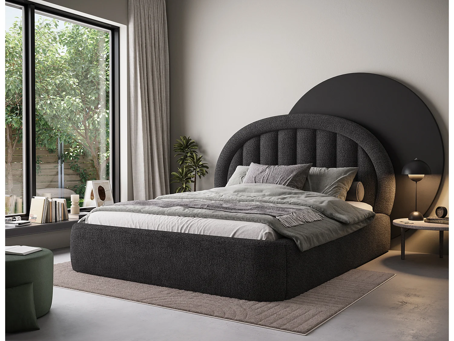 Lit Pella/140x200/sommier à lattes/revêtement tissu/Noir