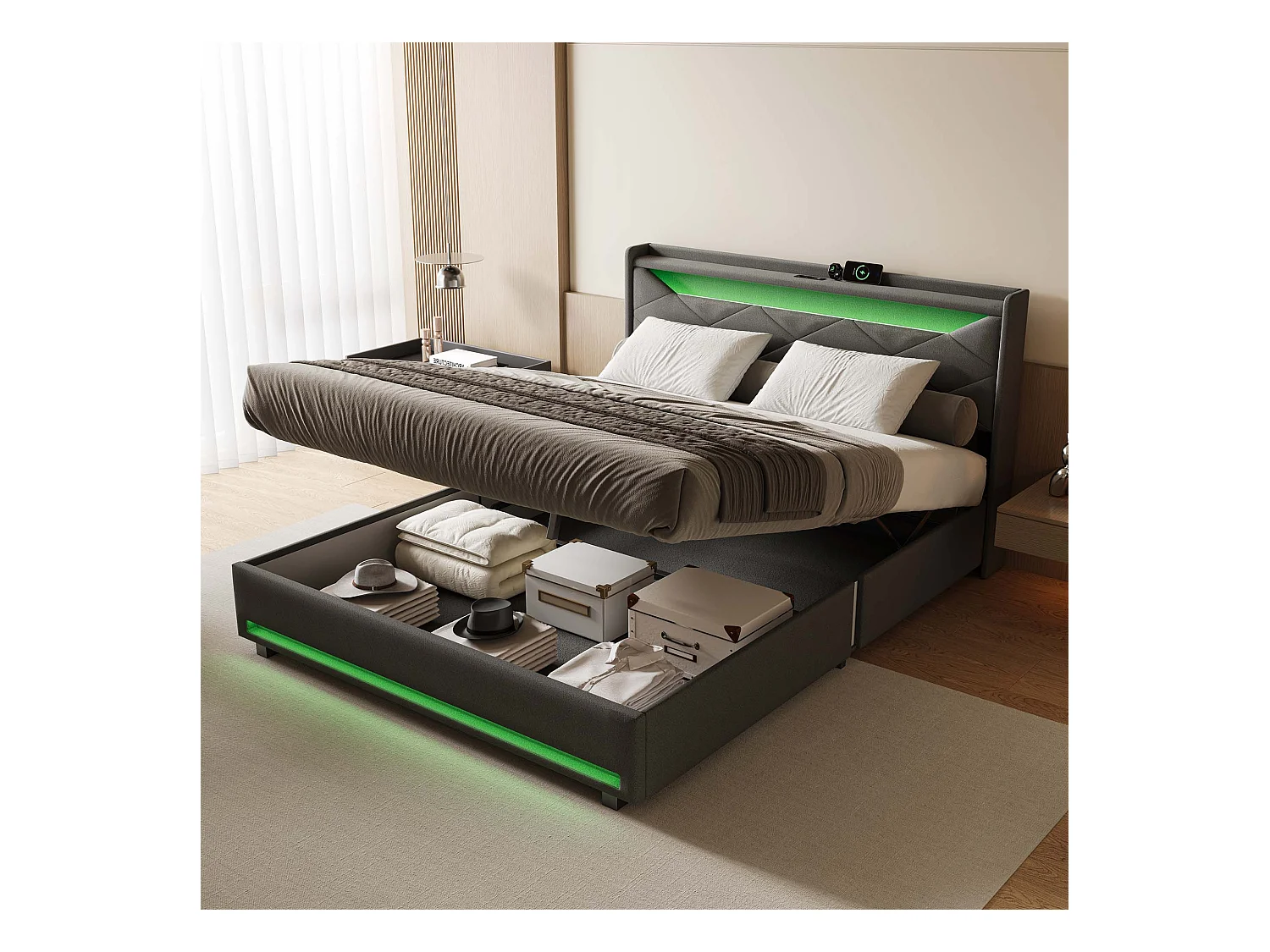Doppelbett 140x200 cm mit Stauraum und LED-Beleuchtung - Grauer Stoff mit USB-Anschluss, Typ-C-Buchse und Gasdruckfedern