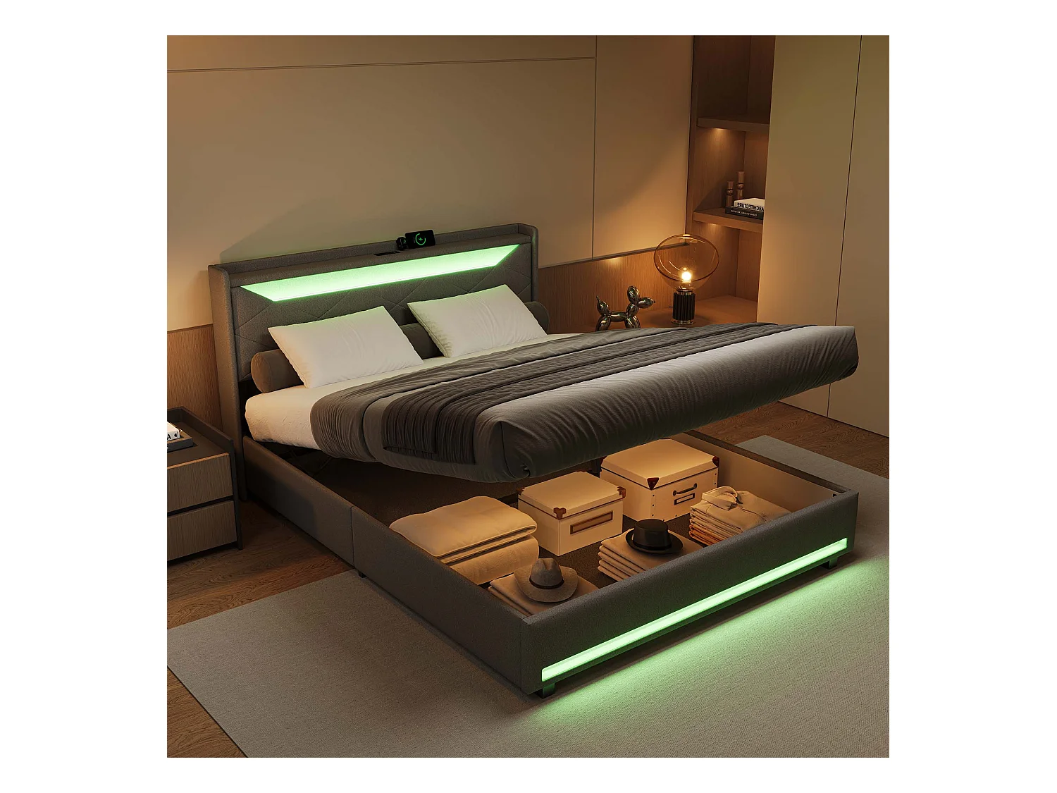 Doppelbett 140x200 cm mit Stauraum und LED-Beleuchtung - Grauer Stoff mit USB-Anschluss, Typ-C-Buchse und Gasdruckfedern