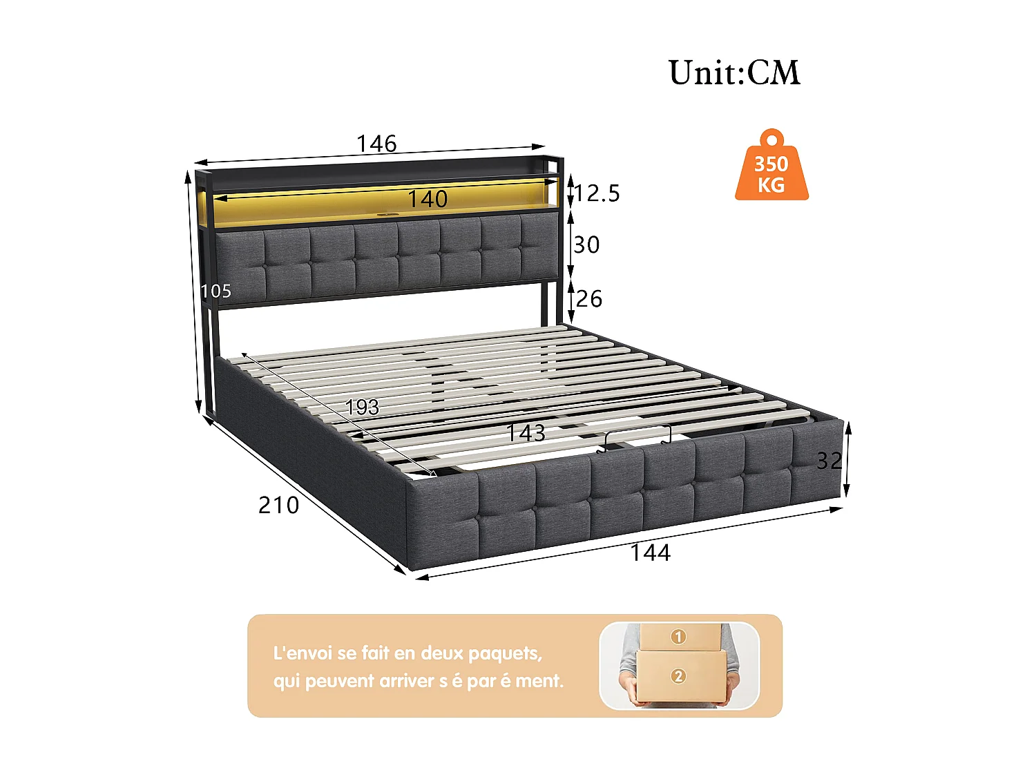 Cama com cabeceira LED e armazenamento a gás, USB-C e carregador USB, iluminação RGB, design em tecido de linho cinza – 140x190 cm (sem colchão)