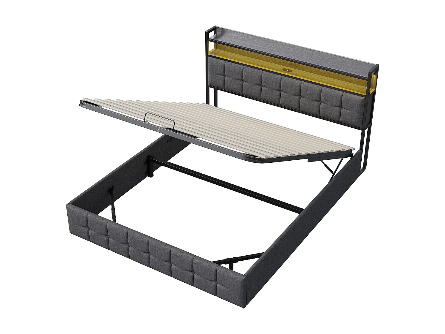 Cama com cabeceira LED e armazenamento a gás, USB-C e carregador USB, iluminação RGB, design em tecido de linho cinza – 140x190 cm (sem colchão)