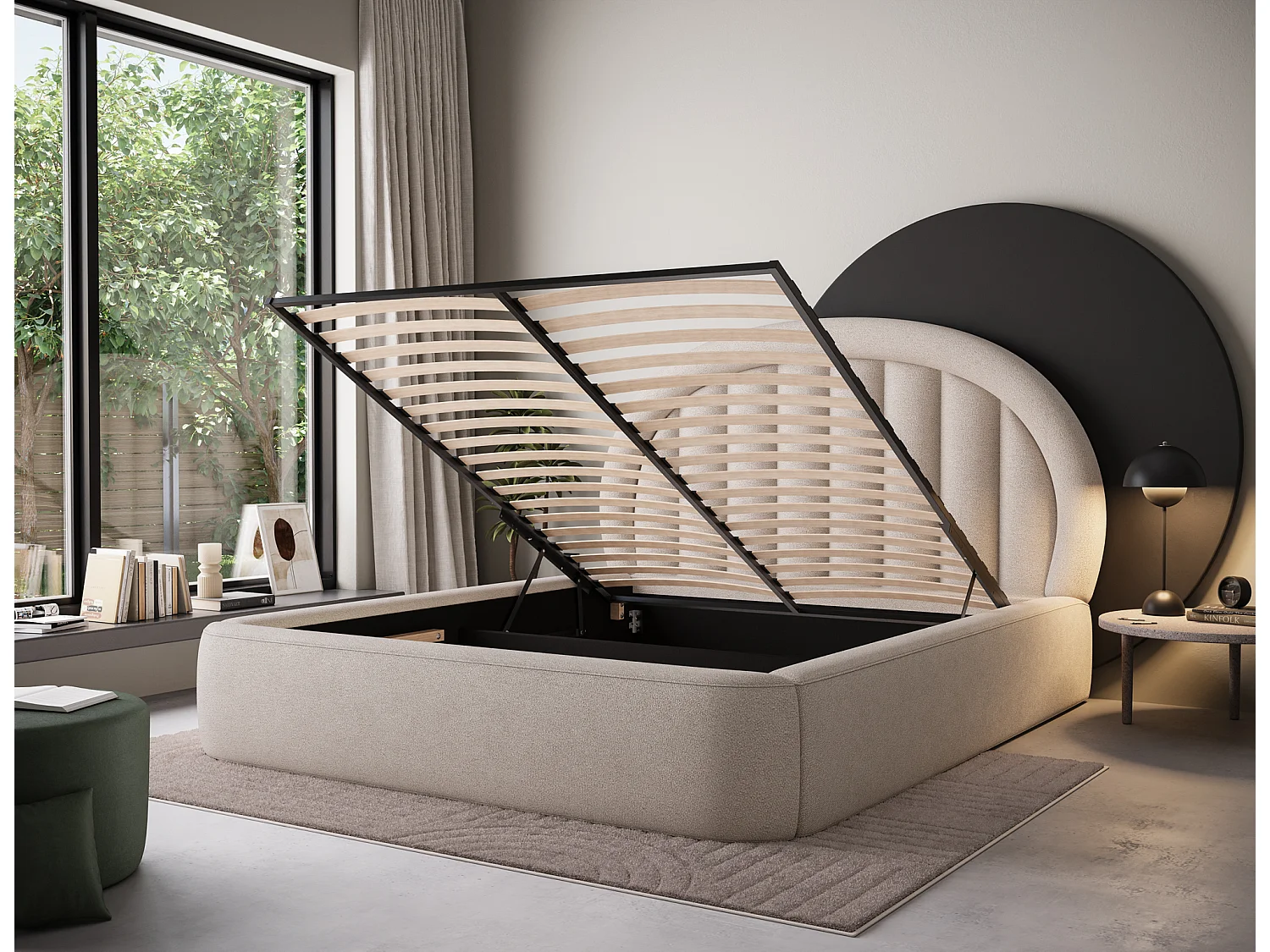 Letto Pella/180x200/rete a doghe/rivestimento in tessuto/Beige